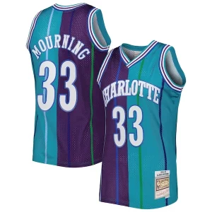 Alonzo Personalisable Mourning Charlotte Hornets Hardwood Classics 1992/93 Split Swingman Jersey Teal/Purple